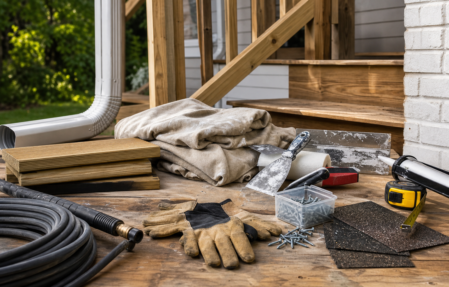 Handyman repair materials arranged on a workbench